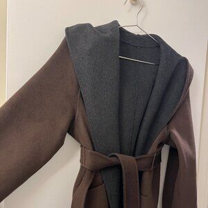 Cashmere Wool Blend Belted Hooded Coat, Deep Brown / Dark Gray, SMALL/MEDIUM
